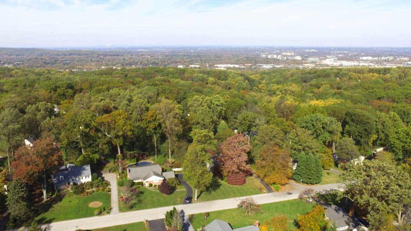 An aerial view of Wayne’s green suburban landscape where you can get to dental center near Wayne